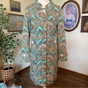 ETCETERA • Aqua Gold Paisley Button Front Long Jacket Coat • Size 8